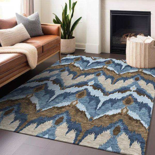HomeRoots 9' X 12' Washable Ikat Area Rug in Blue, Brown & Beige - UV Protected, Stylish & Durable for Homes 662620