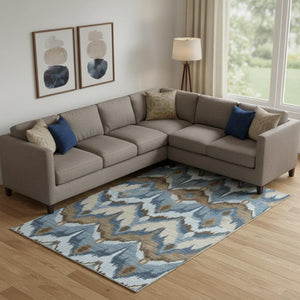HomeRoots 10' X 14' Washable Ikat Area Rug in Blue, Brown & Beige - Durable, Stylish & UV Protected for Homes 662621