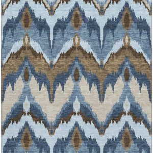HomeRoots 10' X 14' Washable Ikat Area Rug in Blue, Brown & Beige - Durable, Stylish & UV Protected for Homes 662621