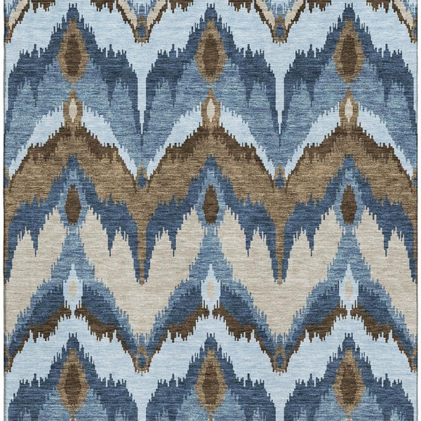 HomeRoots 10' X 14' Washable Ikat Area Rug in Blue, Brown & Beige - Durable, Stylish & UV Protected for Homes 662621
