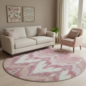 HomeRoots 8' Blush Ivory and Pink Ikat Washable Round Rug - Durable, UV-Protected & Stain-Resistant Home Accent 662624