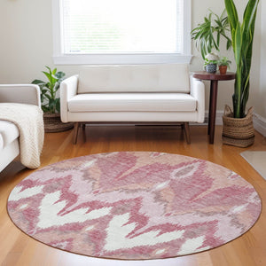 HomeRoots 8' Blush Ivory and Pink Ikat Washable Round Rug - Durable, UV-Protected & Stain-Resistant Home Accent 662624