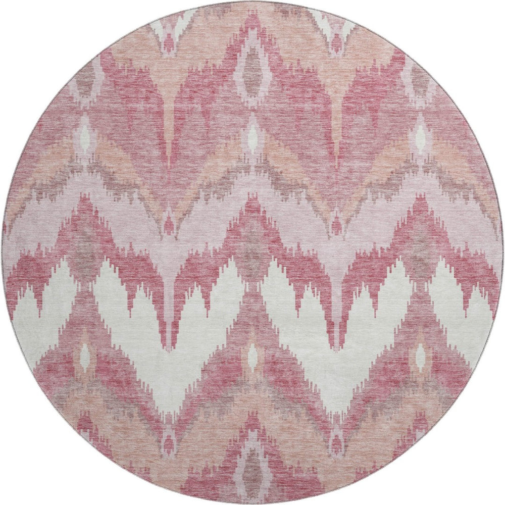 HomeRoots 8' Blush Ivory and Pink Ikat Washable Round Rug - Durable, UV-Protected & Stain-Resistant Home Accent 662624