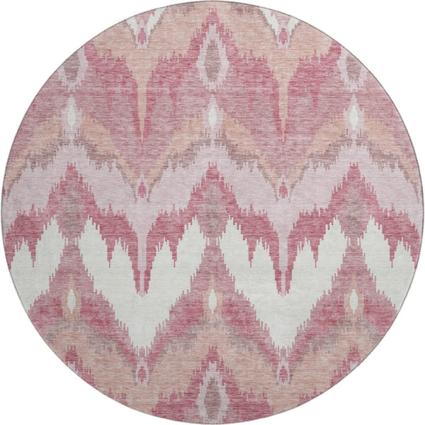 HomeRoots 8' Blush Ivory and Pink Ikat Washable Round Rug - Durable, UV-Protected & Stain-Resistant Home Accent 662624