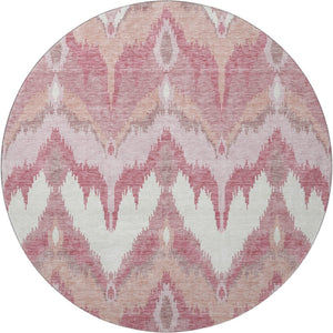 HomeRoots 8' Blush Ivory and Pink Ikat Washable Round Rug - Durable, UV-Protected & Stain-Resistant Home Accent 662624