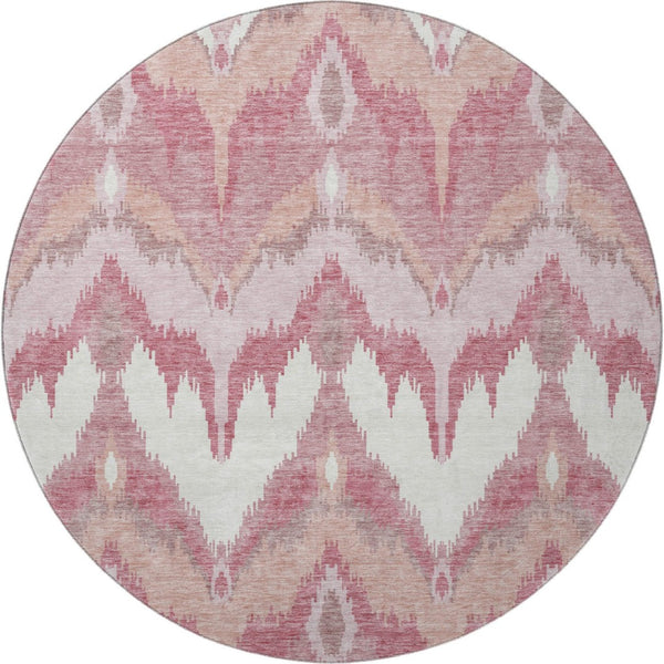 HomeRoots 8' Blush Ivory and Pink Ikat Washable Round Rug - Durable, UV-Protected & Stain-Resistant Home Accent 662624