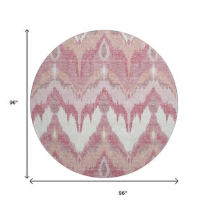 HomeRoots 8' Blush Ivory and Pink Ikat Washable Round Rug - Durable, UV-Protected & Stain-Resistant Home Accent 662624