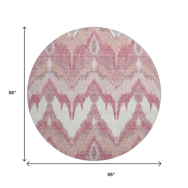 HomeRoots 8' Blush Ivory and Pink Ikat Washable Round Rug - Durable, UV-Protected & Stain-Resistant Home Accent 662624