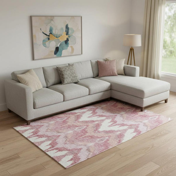 HomeRoots 8' X 10' Blush, Ivory & Pink Ikat Area Rug – Washable, UV Protected & Stain Resistant for Your Home! 662625