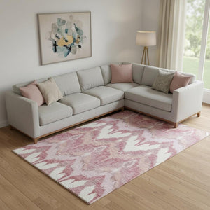 HomeRoots 9' X 12' Ikat Washable Area Rug in Blush, Ivory & Pink - UV Protected, Durable & Easy Care Design 662626