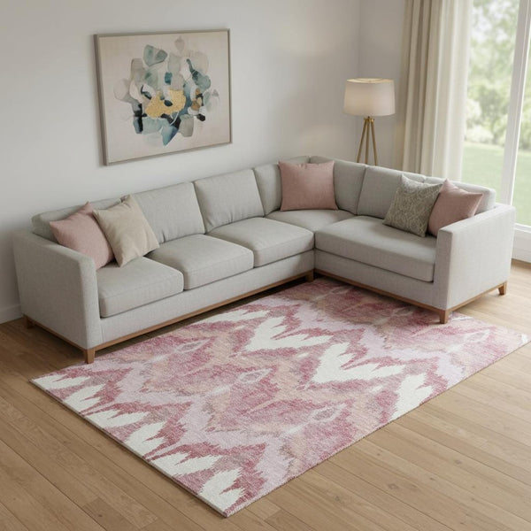 HomeRoots 9' X 12' Ikat Washable Area Rug in Blush, Ivory & Pink - UV Protected, Durable & Easy Care Design 662626