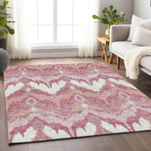 HomeRoots 9' X 12' Ikat Washable Area Rug in Blush, Ivory & Pink - UV Protected, Durable & Easy Care Design 662626