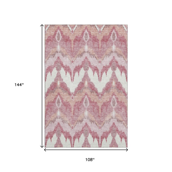 HomeRoots 9' X 12' Ikat Washable Area Rug in Blush, Ivory & Pink - UV Protected, Durable & Easy Care Design 662626