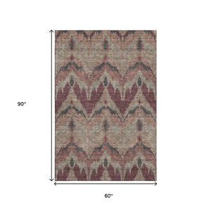 HomeRoots 5' X 8' Ikat Area Rug in Burgundy, Beige & Charcoal - Washable, UV Protected, Stain Resistant Design 662629