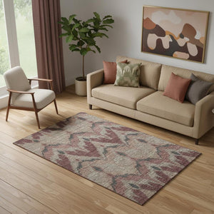 HomeRoots 5' X 8' Ikat Area Rug in Burgundy, Beige & Charcoal - Washable, UV Protected, Stain Resistant Design 662629