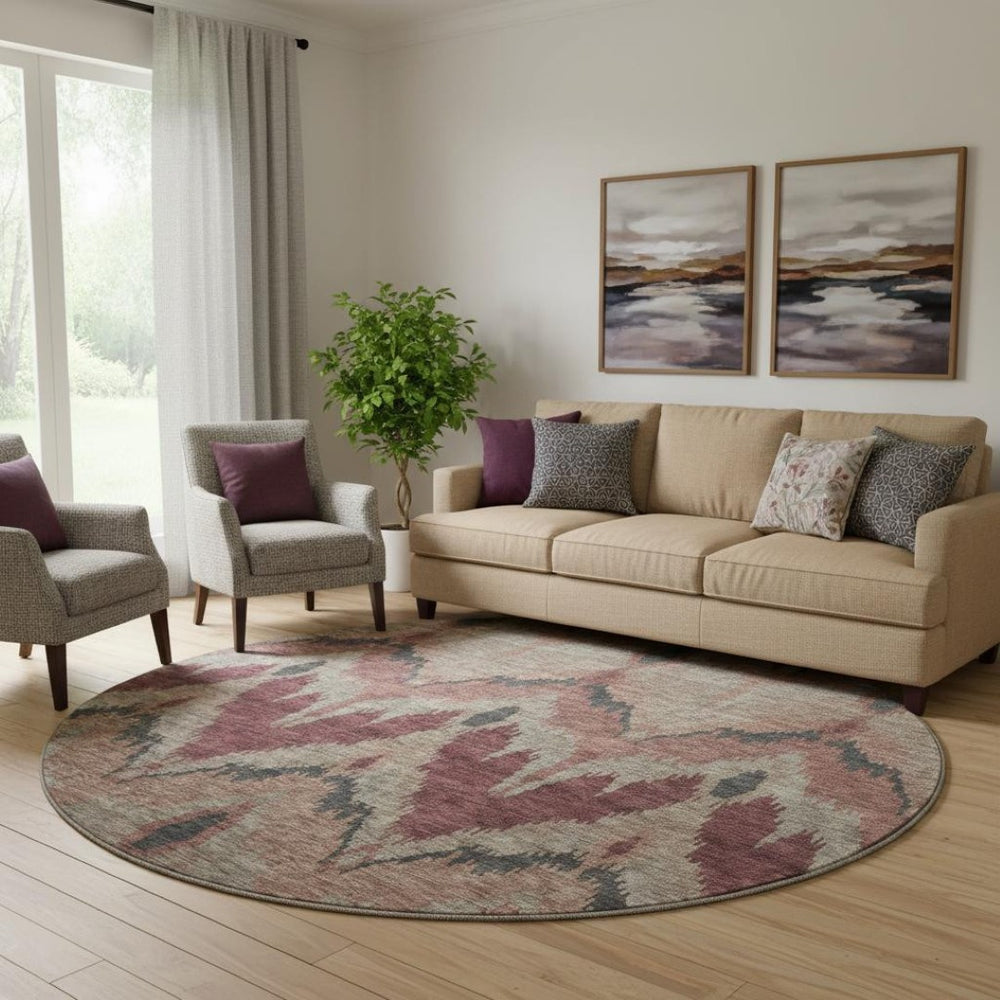 HomeRoots 8' Modern Ikat Washable Round Rug in Burgundy, Beige & Charcoal - Durable, UV Protected & Stylish! 662630