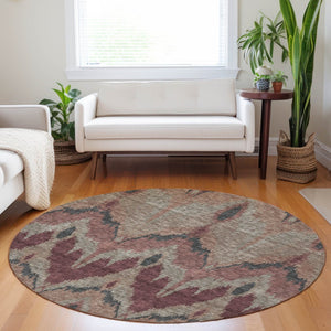 HomeRoots 8' Modern Ikat Washable Round Rug in Burgundy, Beige & Charcoal - Durable, UV Protected & Stylish! 662630