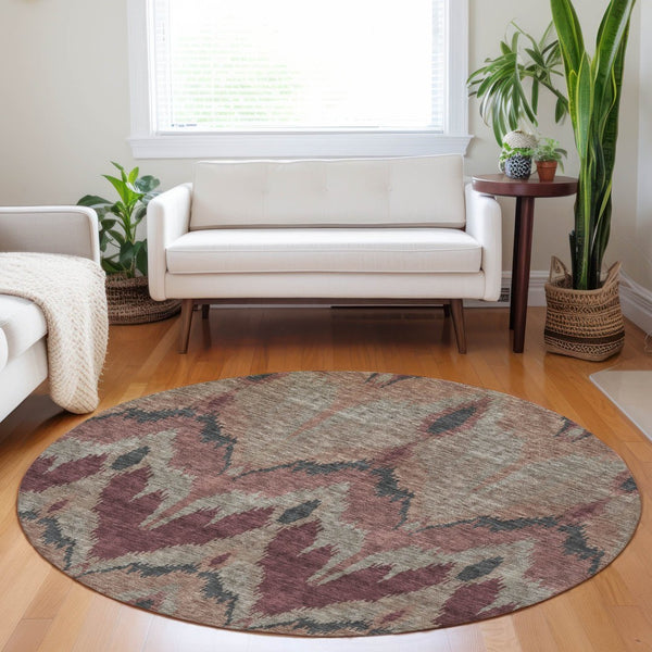 HomeRoots 8' Modern Ikat Washable Round Rug in Burgundy, Beige & Charcoal - Durable, UV Protected & Stylish! 662630