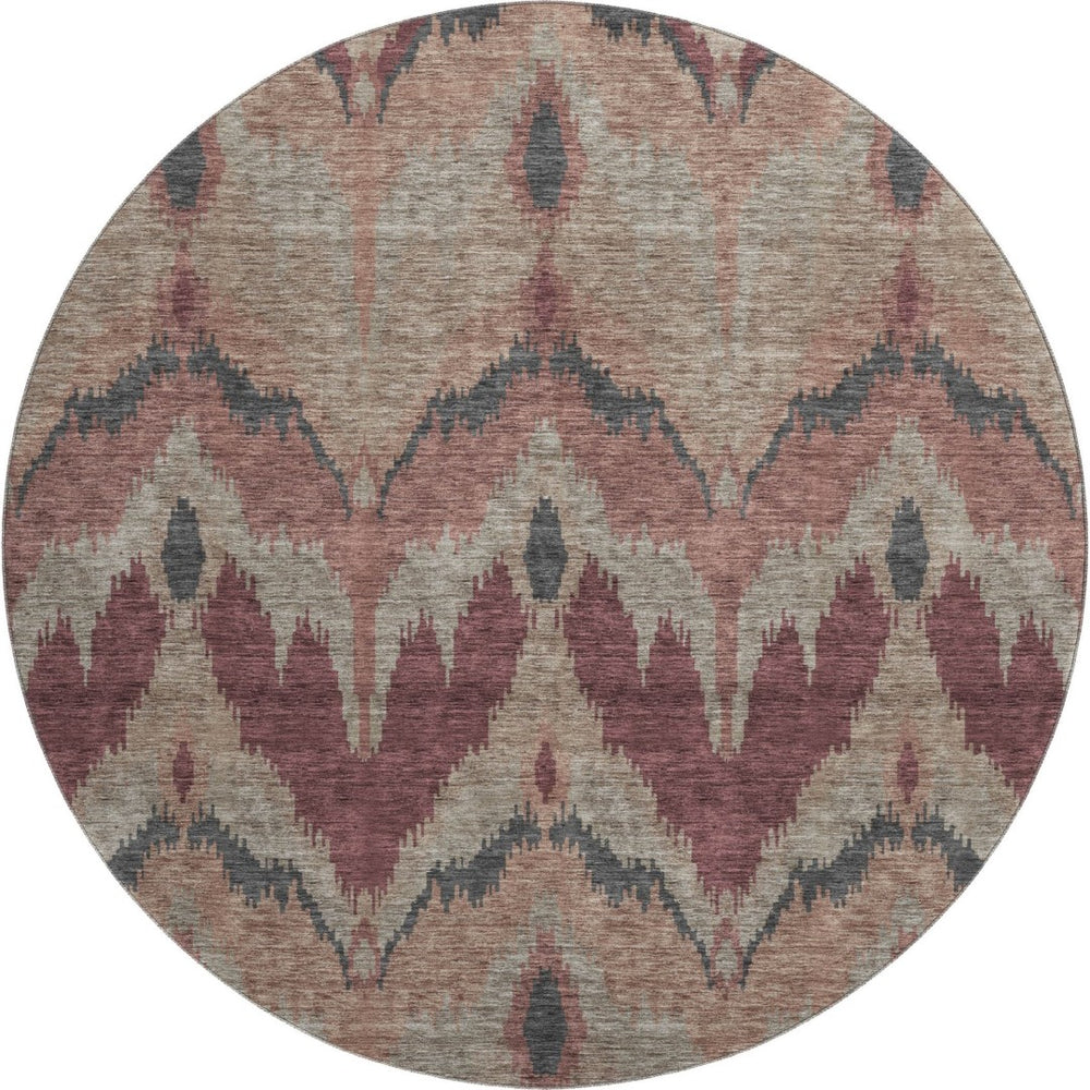 HomeRoots 8' Modern Ikat Washable Round Rug in Burgundy, Beige & Charcoal - Durable, UV Protected & Stylish! 662630