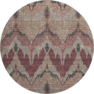 HomeRoots 8' Modern Ikat Washable Round Rug in Burgundy, Beige & Charcoal - Durable, UV Protected & Stylish! 662630