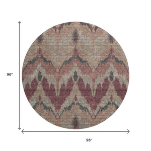 HomeRoots 8' Modern Ikat Washable Round Rug in Burgundy, Beige & Charcoal - Durable, UV Protected & Stylish! 662630