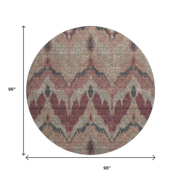 HomeRoots 8' Modern Ikat Washable Round Rug in Burgundy, Beige & Charcoal - Durable, UV Protected & Stylish! 662630