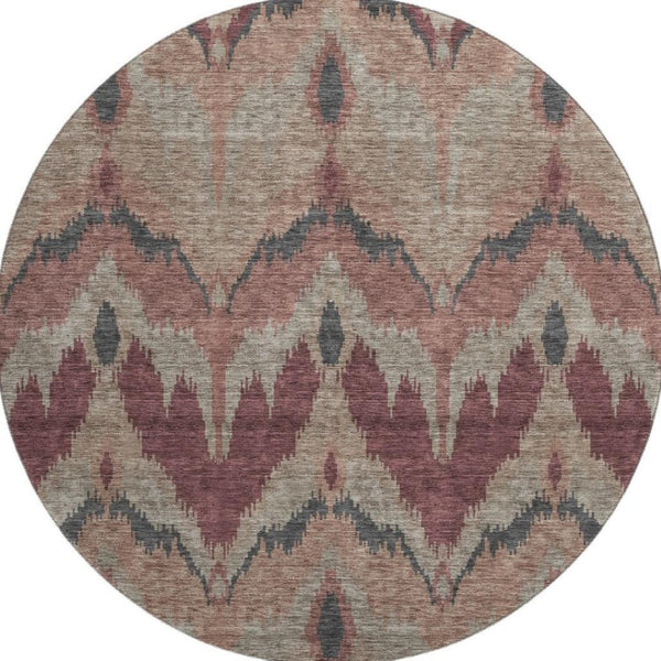 HomeRoots 8' Modern Ikat Washable Round Rug in Burgundy, Beige & Charcoal - Durable, UV Protected & Stylish! 662630