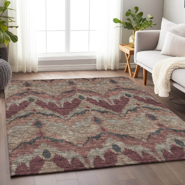 HomeRoots 10' X 14' Burgundy Beige Charcoal Ikat Washable Area Rug - UV Protected, Durable & Stylish Design 662633