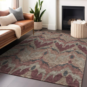 HomeRoots 10' X 14' Burgundy Beige Charcoal Ikat Washable Area Rug - UV Protected, Durable & Stylish Design 662633