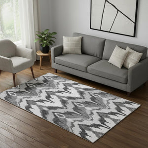 HomeRoots 5' X 8' Gray and Silver Ikat Area Rug – Stylish, Washable, UV-Protected, Perfect for Homes with Kids! 662641