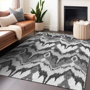 HomeRoots 5' X 8' Gray and Silver Ikat Area Rug – Stylish, Washable, UV-Protected, Perfect for Homes with Kids! 662641