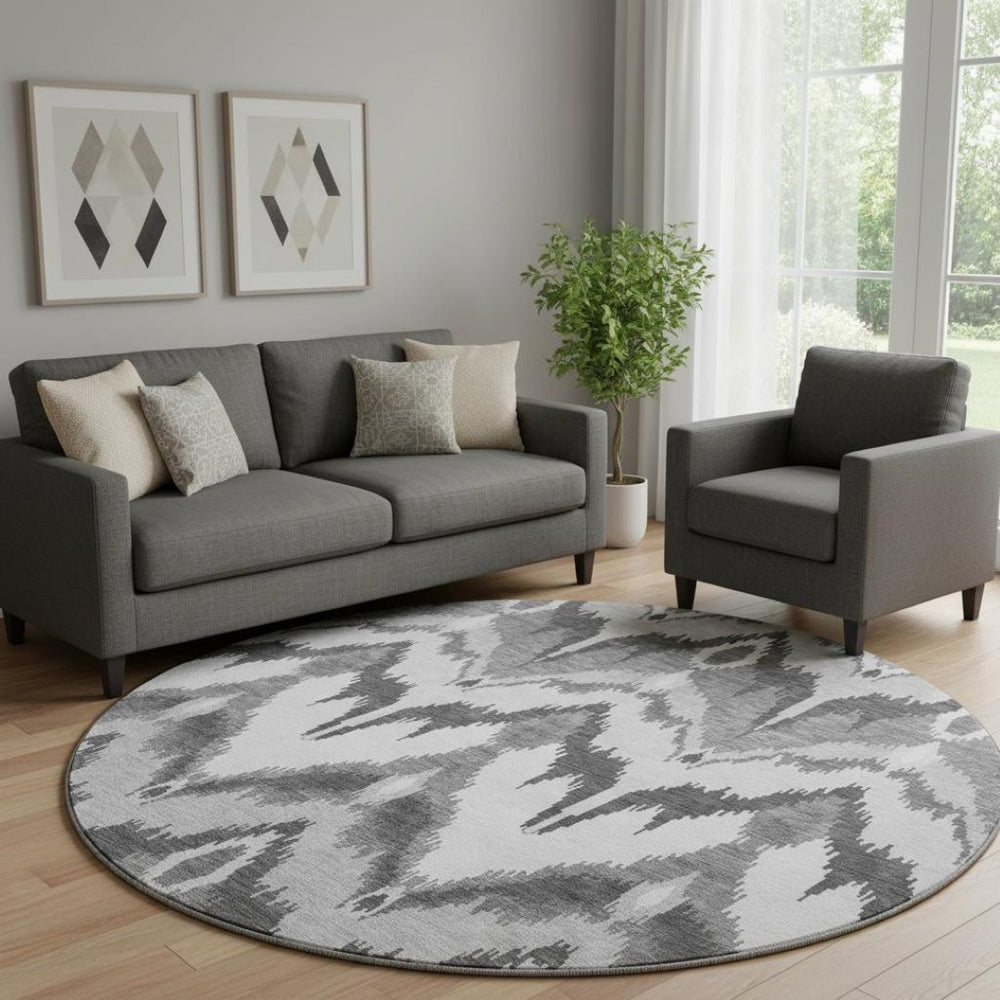 HomeRoots 8' Gray and Silver Ikat Washable Round Rug - Durable, Stylish, UV-Protected for High-Traffic Spaces 662642