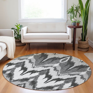 HomeRoots 8' Gray and Silver Ikat Washable Round Rug - Durable, Stylish, UV-Protected for High-Traffic Spaces 662642