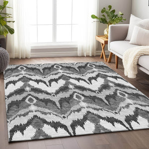 HomeRoots 9' X 12' Gray and Silver Ikat Area Rug - Washable, UV Protected, Stylish, and Durable for Modern Homes 662644