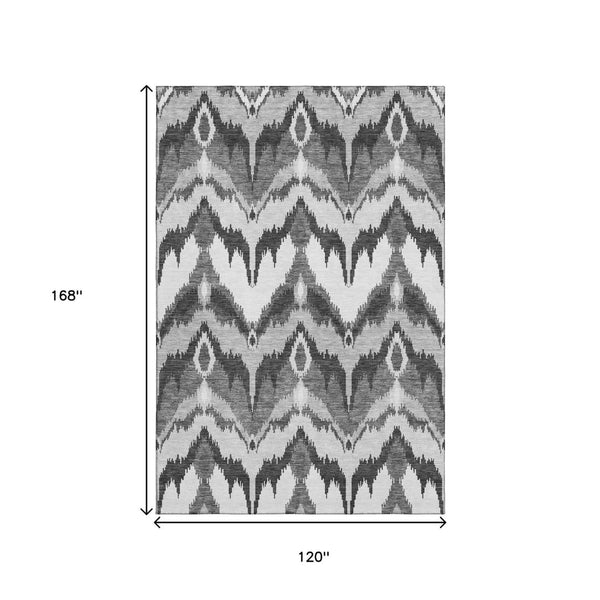HomeRoots 10' X 14' Gray And Silver Ikat Area Rug - Washable, UV-Protected, Stain-Resistant, Stylish & Durable 662645