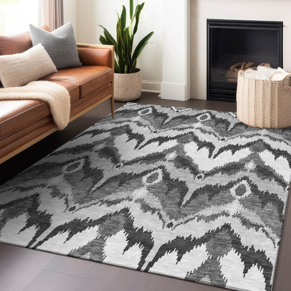 HomeRoots 10' X 14' Gray And Silver Ikat Area Rug - Washable, UV-Protected, Stain-Resistant, Stylish & Durable 662645