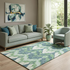 HomeRoots 5' X 8' Ikat Area Rug in Green and Ivory - Washable, Stain Resistant, UV Protected for Modern Spaces 662647
