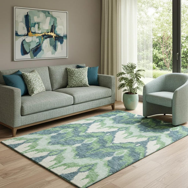 HomeRoots 5' X 8' Ikat Area Rug in Green and Ivory - Washable, Stain Resistant, UV Protected for Modern Spaces 662647