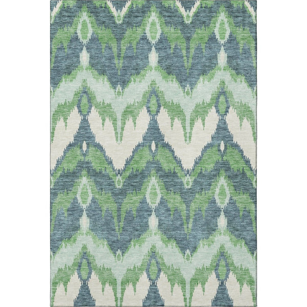 HomeRoots 5' X 8' Ikat Area Rug in Green and Ivory - Washable, Stain Resistant, UV Protected for Modern Spaces 662647