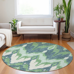 HomeRoots 8' Green And Ivory Ikat Round Rug - Washable, Stain Resistant, UV Protected for Modern Living Spaces 662648