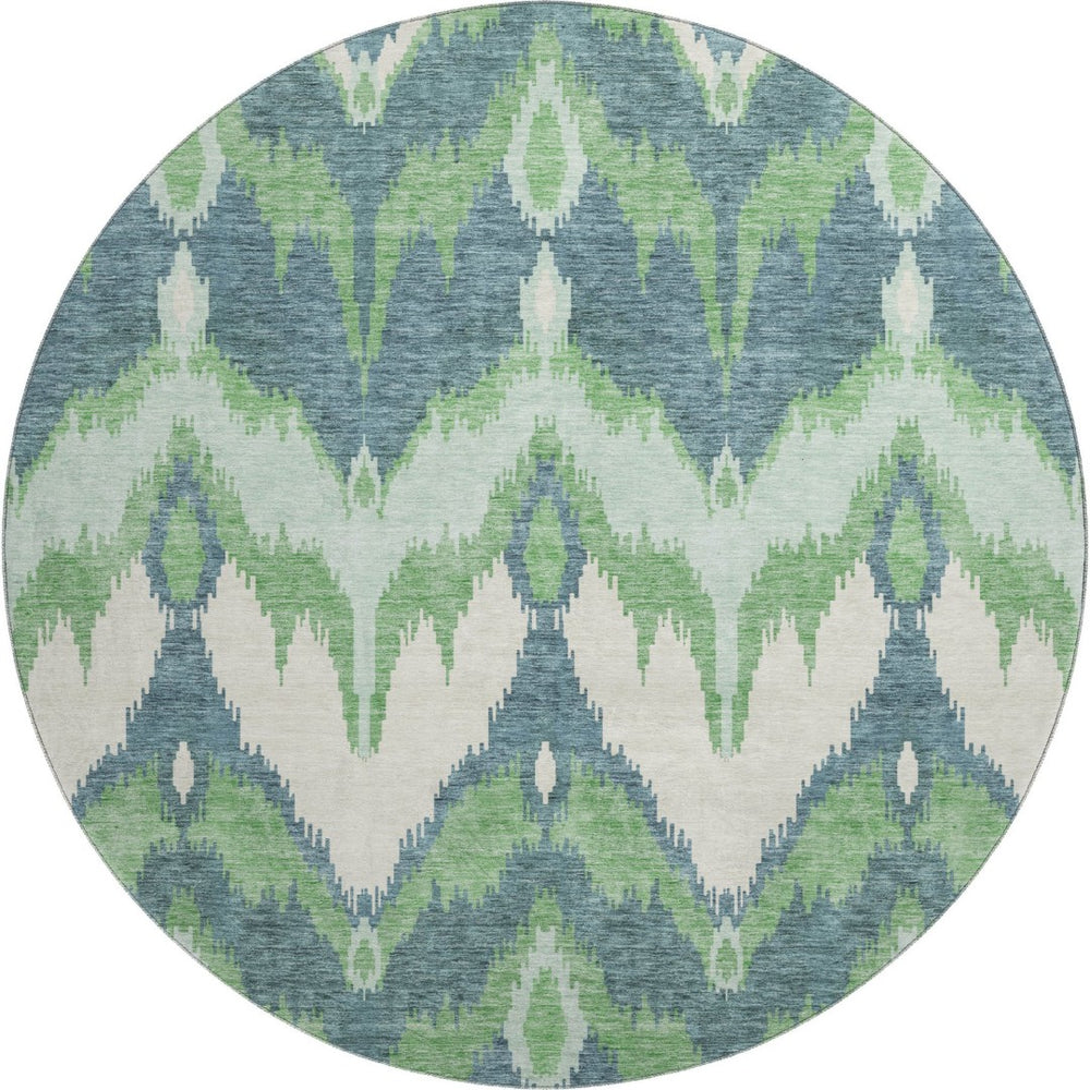 HomeRoots 8' Green And Ivory Ikat Round Rug - Washable, Stain Resistant, UV Protected for Modern Living Spaces 662648