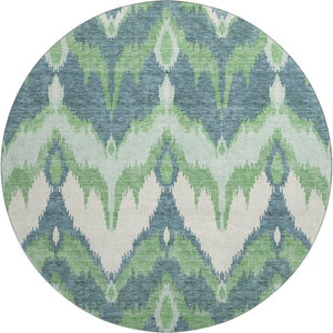 HomeRoots 8' Green And Ivory Ikat Round Rug - Washable, Stain Resistant, UV Protected for Modern Living Spaces 662648