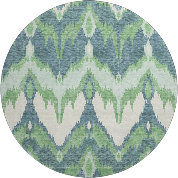 HomeRoots 8' Green And Ivory Ikat Round Rug - Washable, Stain Resistant, UV Protected for Modern Living Spaces 662648