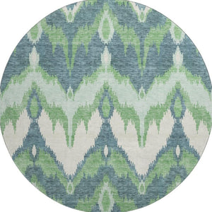 HomeRoots 8' Green And Ivory Ikat Round Rug - Washable, Stain Resistant, UV Protected for Modern Living Spaces 662648