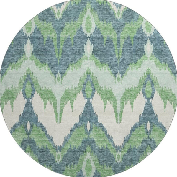 HomeRoots 8' Green And Ivory Ikat Round Rug - Washable, Stain Resistant, UV Protected for Modern Living Spaces 662648