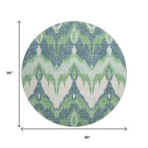 HomeRoots 8' Green And Ivory Ikat Round Rug - Washable, Stain Resistant, UV Protected for Modern Living Spaces 662648