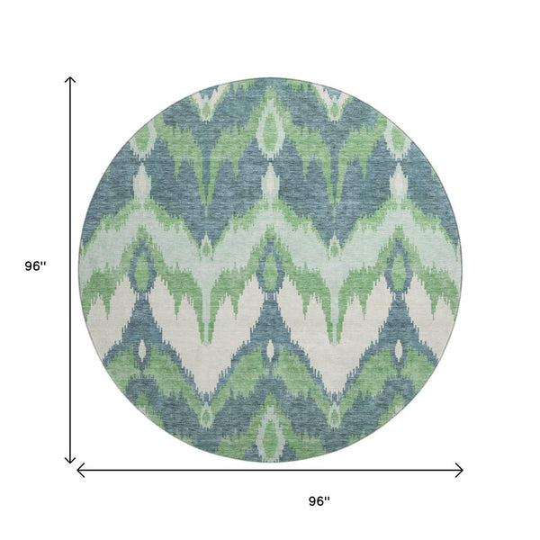 HomeRoots 8' Green And Ivory Ikat Round Rug - Washable, Stain Resistant, UV Protected for Modern Living Spaces 662648