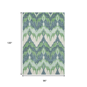 HomeRoots 8' X 10' Ikat Area Rug in Green & Ivory – Durable, Washable, UV-Protected for Homes with Kids & Pets! 662649