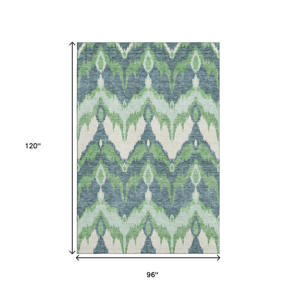 HomeRoots 8' X 10' Ikat Area Rug in Green & Ivory – Durable, Washable, UV-Protected for Homes with Kids & Pets! 662649