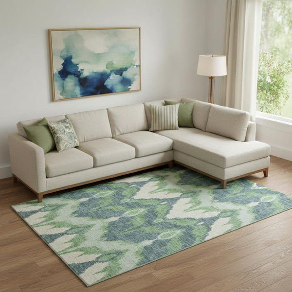 HomeRoots 8' X 10' Ikat Area Rug in Green & Ivory – Durable, Washable, UV-Protected for Homes with Kids & Pets! 662649